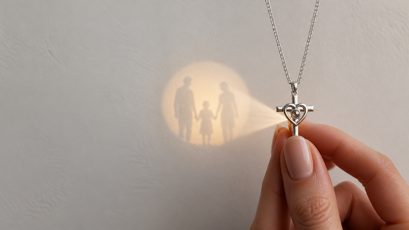 Angel Cross necklace revealing a family memory through a beam of light