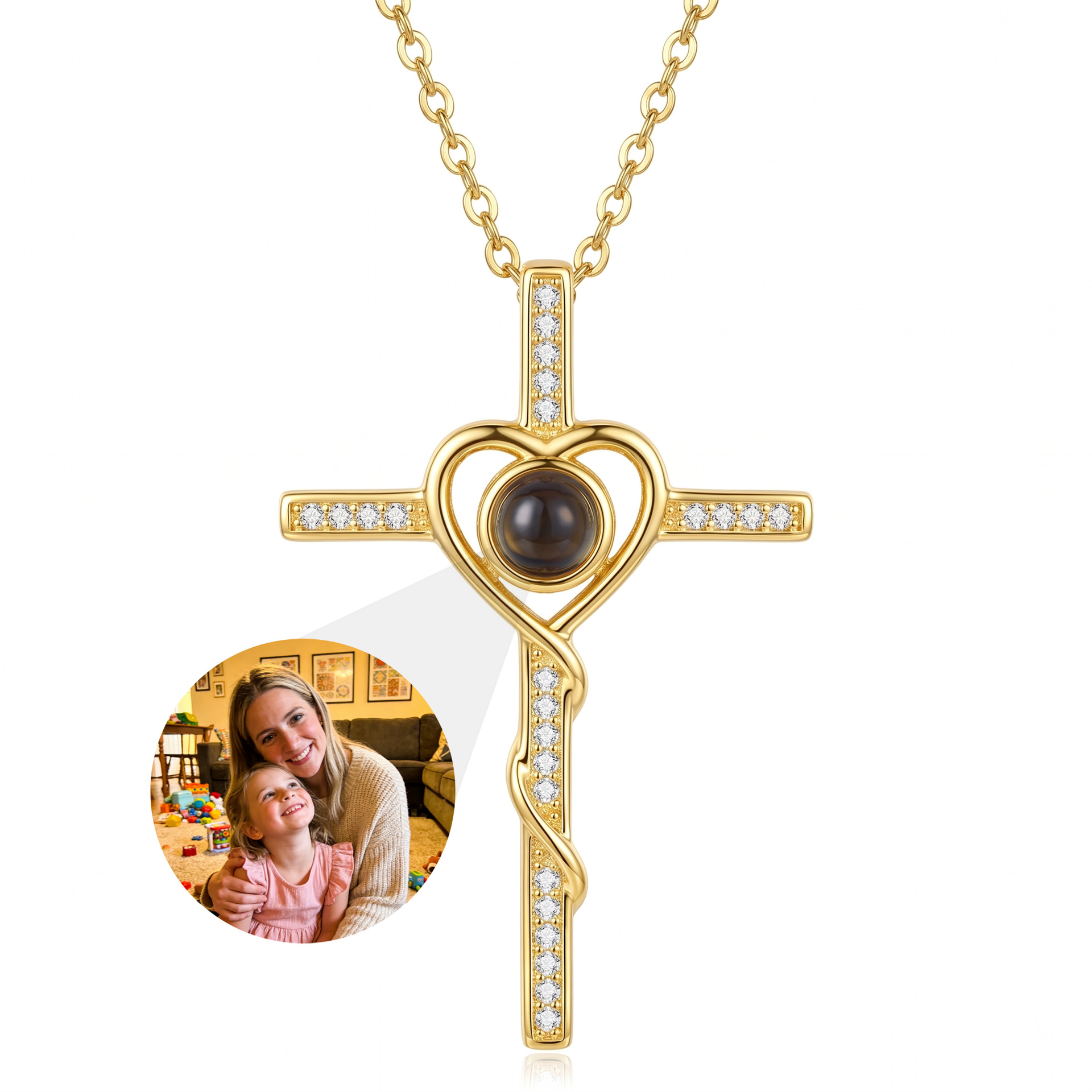 Real gold Angel Cross necklace demonstrating a family photograph inside the projection lens