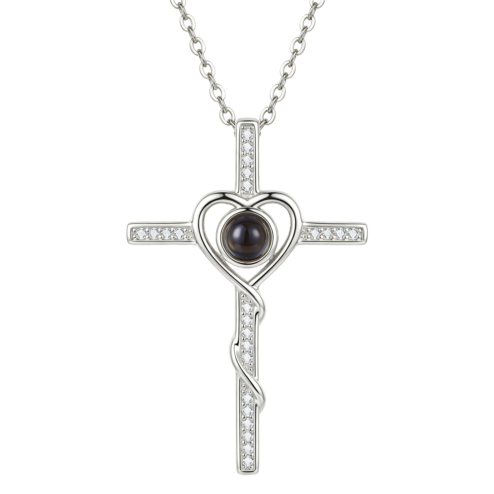 Silver-finish Angel Cross necklace photographed on white